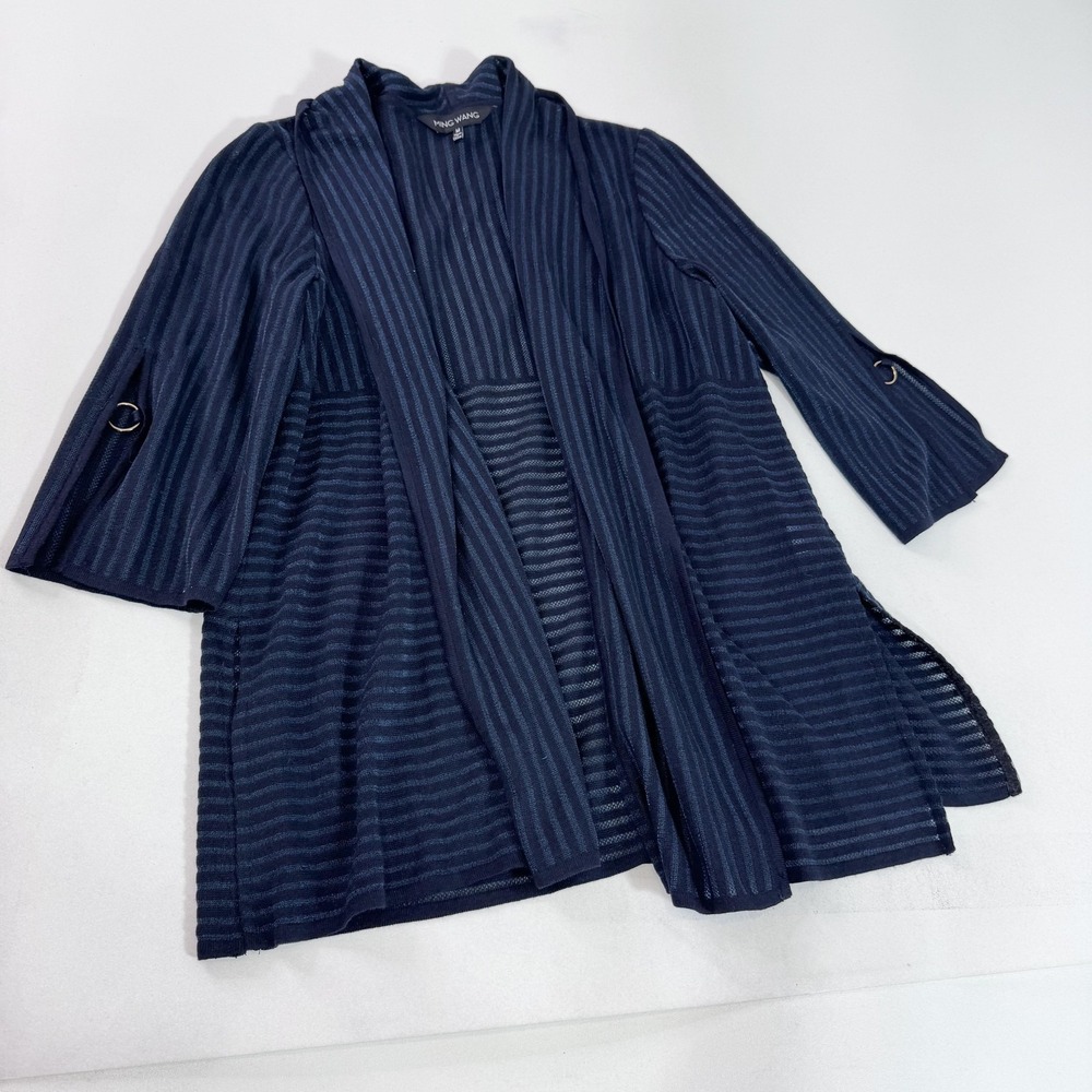 Ming Wang Cardigan Sweater Womens Medium Blue Striped Open Knit 3/4 Sleeve